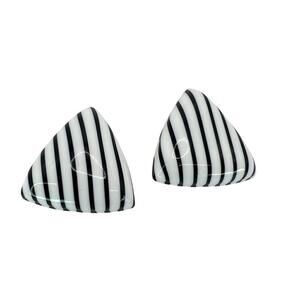 Vintage Domed Triangle Clip On Earrings Black White Striped Acrylic 80s